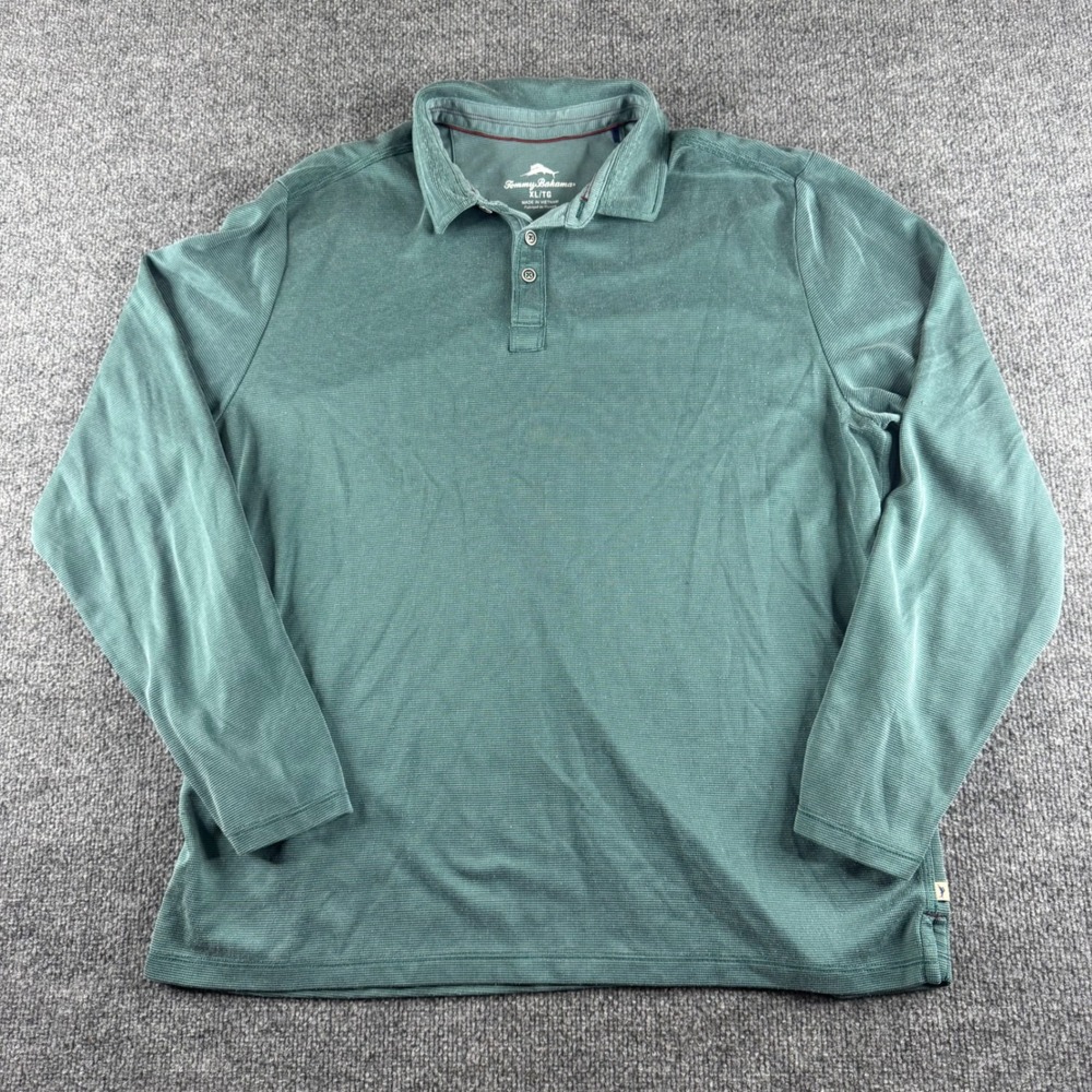 Tommy Bahama Mens XL Long Sleeve Polo Shirt Teal Green Waffle Knit Marlin Logo